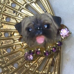 Pug Fan Brooch EC with pink and purple rhinestones goldtone Happiestpup Vintage